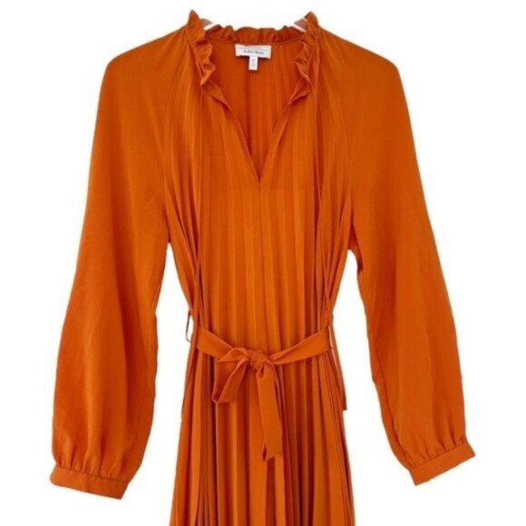 & Other Stories Pleated Long Sleeve Tie Waist Orange Midi Dress Size 10 - Picture 3 of 12